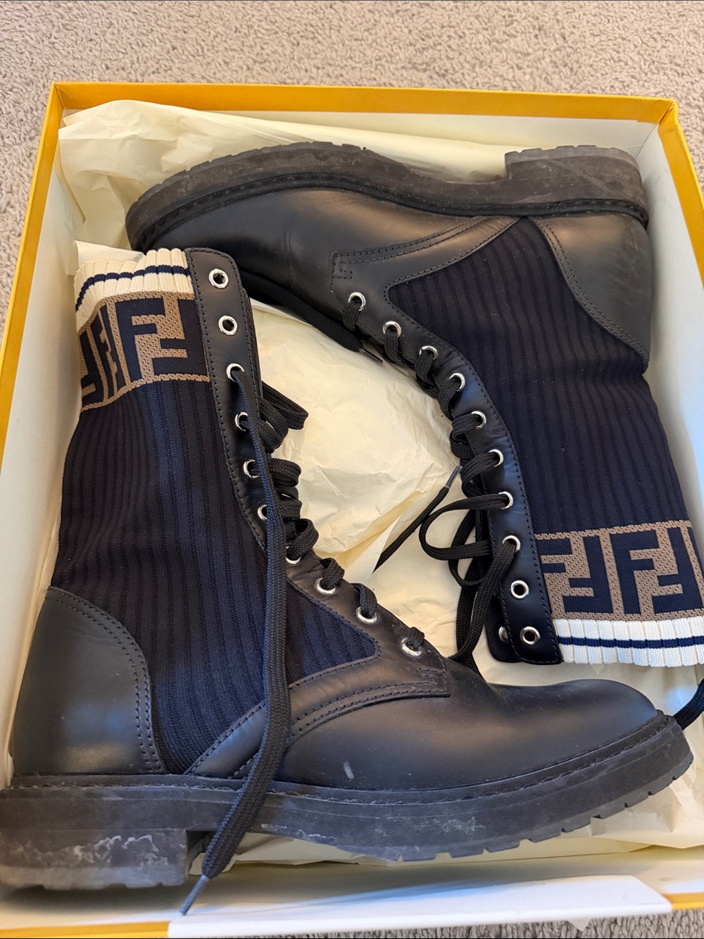 Fendi Black Knit Logo Combat Boots